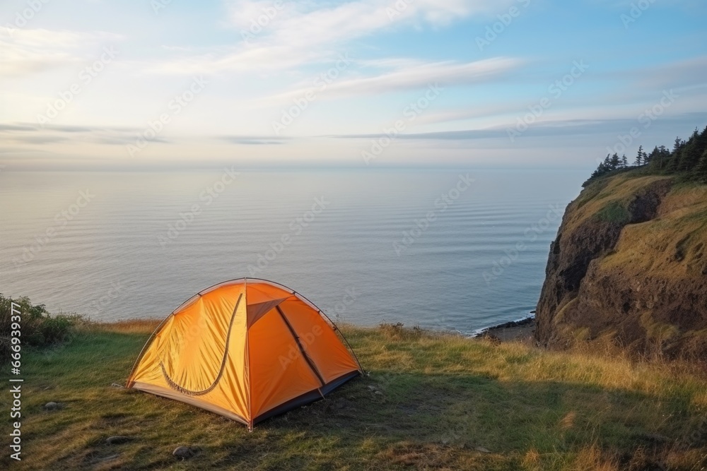 a camping tent pitched at the edge of a cliff with ocean view