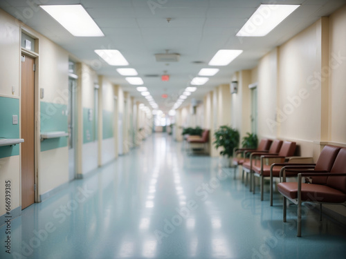In a hospital hallway, with the reception clinic in view, the background remains intentionally unfocused, creating an atmosphere of bustling activity and medical care.