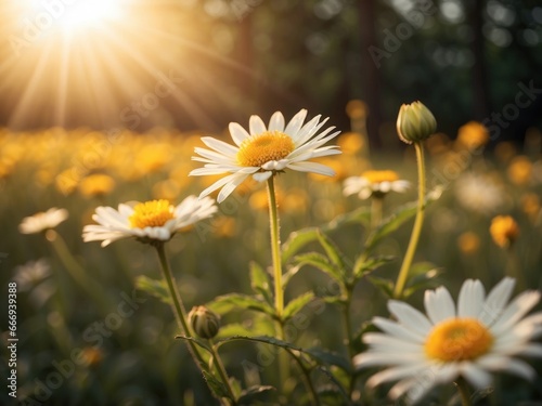 realistic Idyllic daisy bloom in spring summer autumn season with yellow sun ray in evening or morning nature.