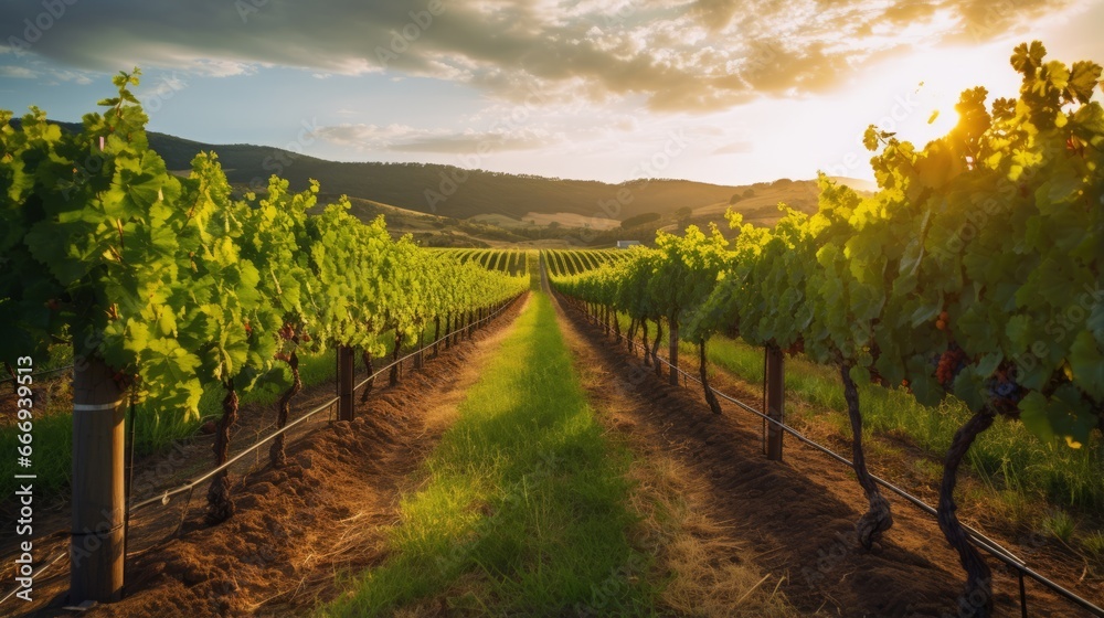 Naklejka premium A peaceful vineyard with rows of grapevines for a wine-themed call