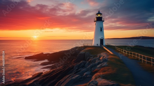 A picturesque coastal lighthouse at sunset