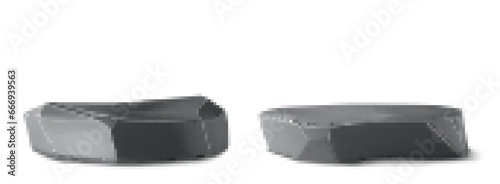 Dark stone podium for products display. 3d realistic vector set of stands with black glossy rock texture. Natural pedestal platform for cosmetic production demonstration. Mockup of gray goods showcase