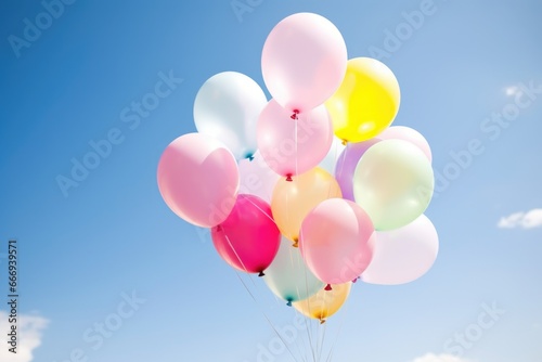pastel colored balloons in an open sky