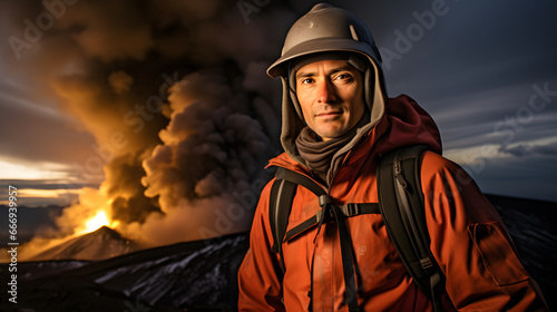 Male explorer hiking on volcano near lava © JJ1990