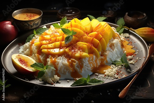 A plate of mango sticky rice with a drizzle of coconut milk