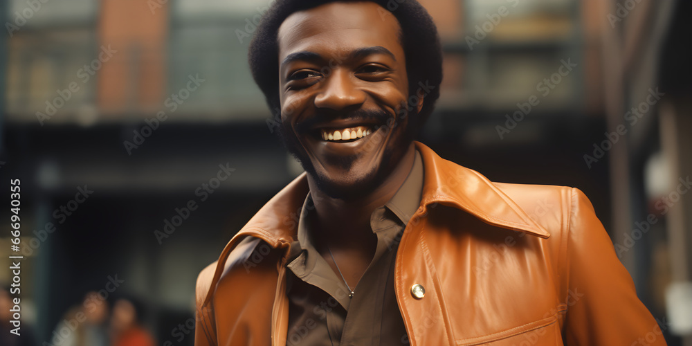 studio portrait of happy black man, 1970s fashion studio portrait of happy black man, 1970s fashion