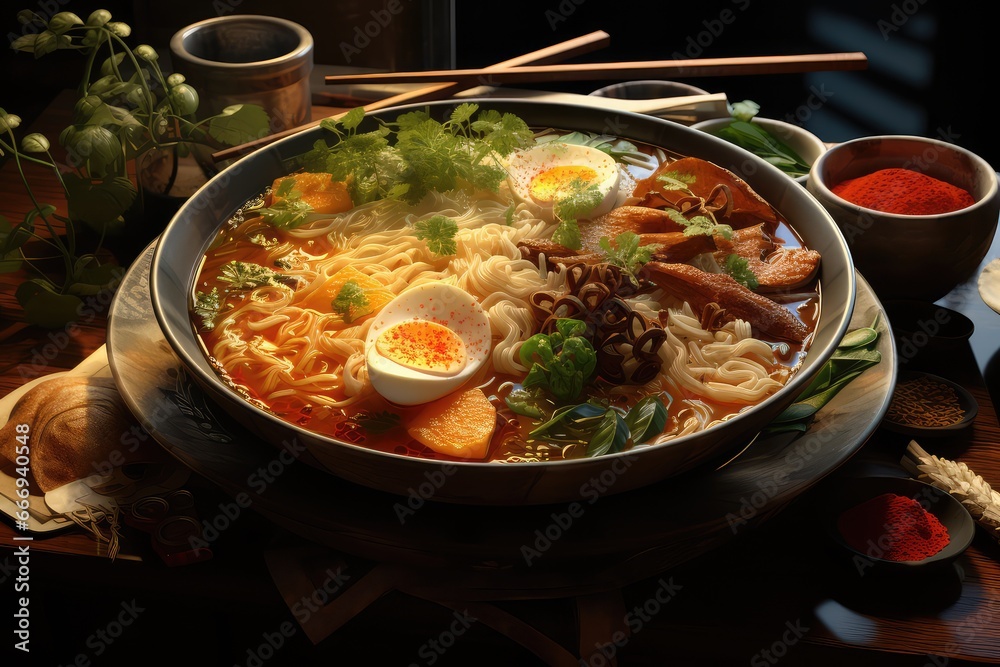 A bowl of Guay Tiew Reua, a rice noodle soup with boat noodles broth and various toppings A bowl of Guay Tiew Reua, a rice noodle soup with boat noodles broth and various toppings
