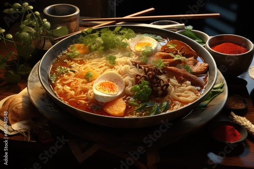 A bowl of Guay Tiew Reua, a rice noodle soup with boat noodles broth and various toppings photo