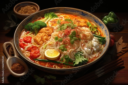 A bowl of Guay Tiew Reua, a rice noodle soup with boat noodles broth and various toppings photo