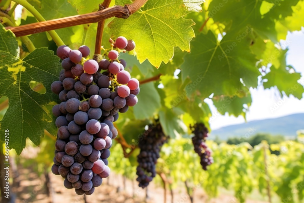 grape vines with a close focus on the ripe grapes