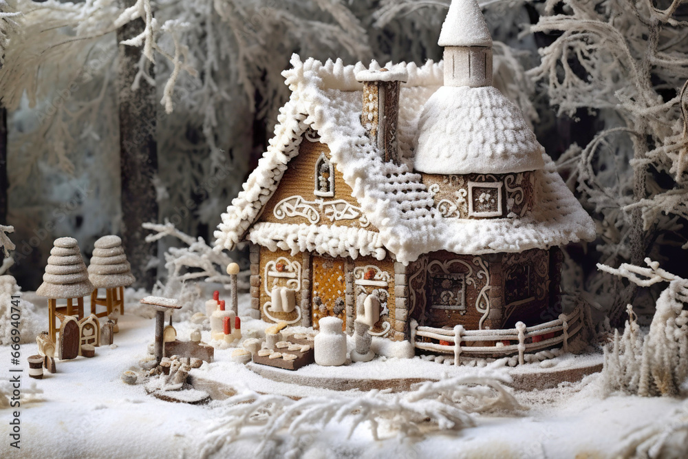 White gingerbread houses placed on a white background and white candy,hyperrealistic rendering, sketchfab, light red and light amber