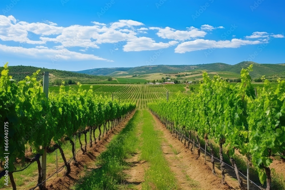 dense vineyard with freshly irrigated grapevines