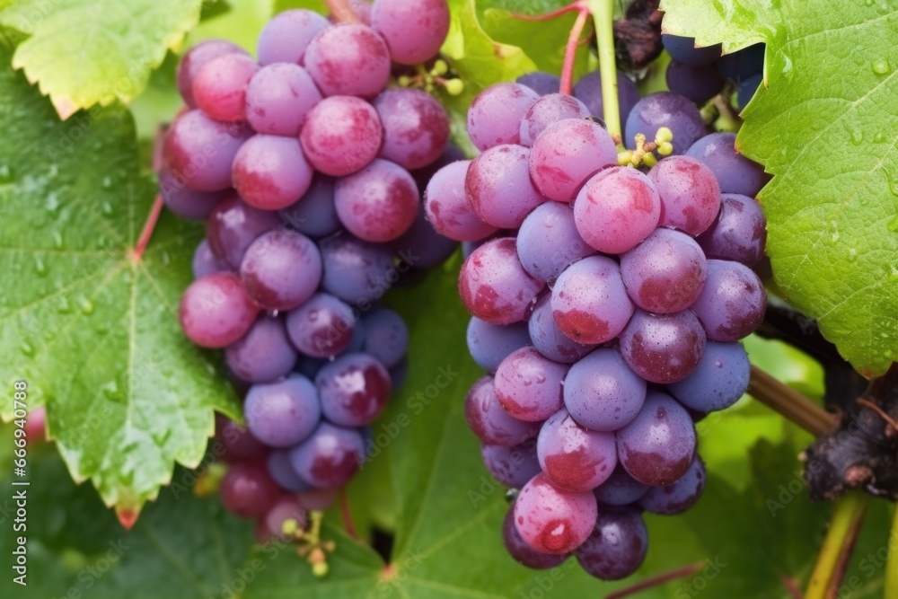 close-up of ripe, dew-kissed grapes on vine