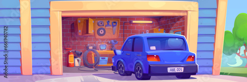 Car on road near house garage vector background. home workshop inside interior with repair tool inventory, tire and extinguisher concept. Household storeroom picture with automobile maintenance stuff
