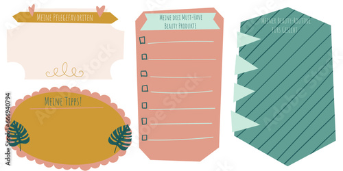 Blank paper notes for bullet journal for German speakers. German speakers organizing sticker templates with titles "My care favorites", "My tips", "My three must-have beauty products" and "My beauty r