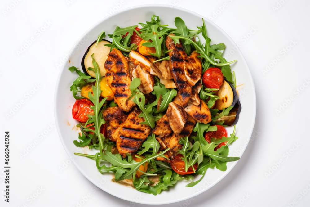 Grilled chicken and vegetables salad with spinach and arugula, Paprika, zucchini, eggplant, tomatoes on white table background, top view, aesthetic look