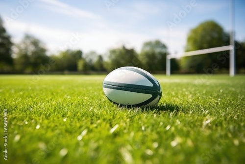 rugby ball on green field with white lines