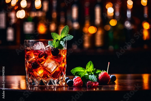 Refreshment alcoholic cocktail with ice, mint and berries in a bar, night club party with soft drinks, against the background of a bar counter with different bottles photo