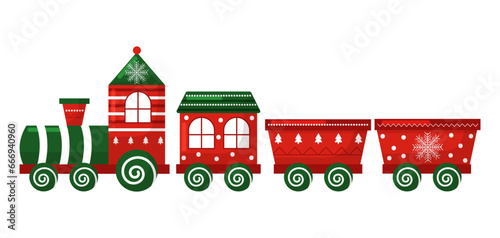 Vector christmas cartoon red train toy isolated on white background. Clipart for christmas greeting card, postcard