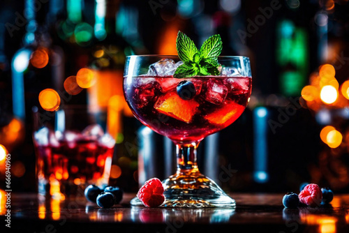 Refreshment alcoholic cocktail with ice, mint and berries in a bar, night club party with soft drinks, against the background of a bar counter with different bottles