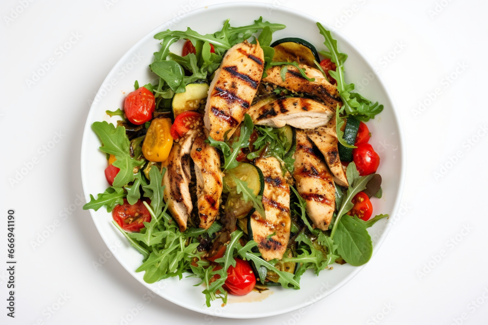 Grilled chicken and vegetables salad with spinach and arugula, Paprika, zucchini, eggplant, tomatoes on white table background, top view, aesthetic look Grilled chicken and vegetables salad with spinach and arugula, Paprika, zucchini, eggplant, tomatoes on white table background, top view, aesthetic look