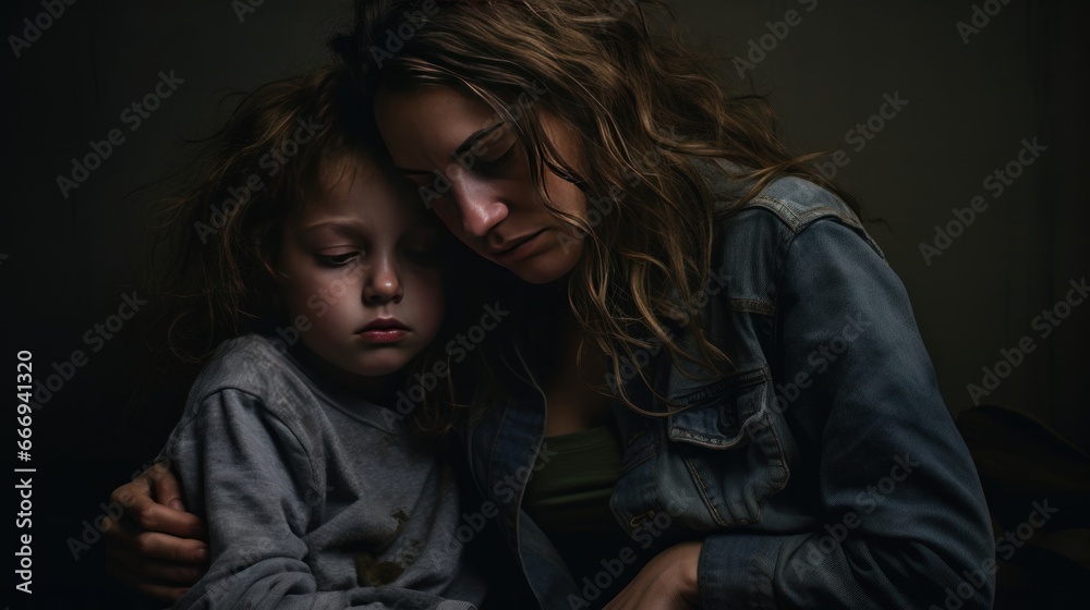 A frazzled mother and a somber child find solace in a shared moment of vulnerability, together grappling with the challenges of motherhood. A frazzled mother and a somber child find solace in a shared moment of vulnerability, together grappling with the challenges of motherhood.