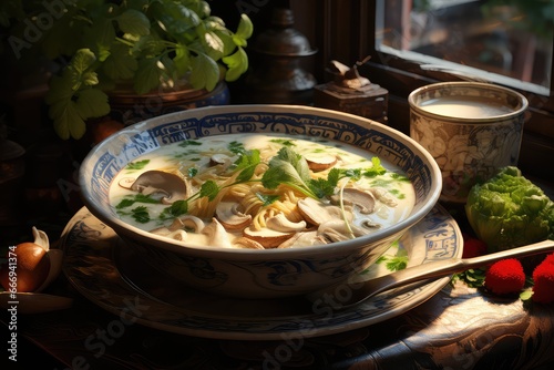 A bowl of Tom Kha Gai, a mild and creamy coconut milk soup with chicken, mushrooms, and galangal