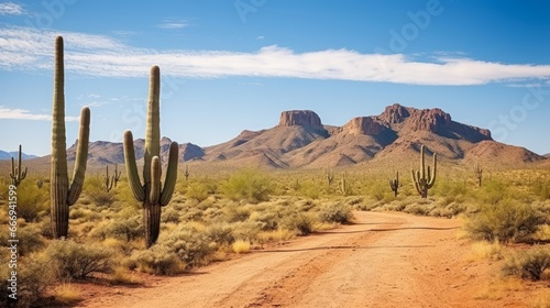 A desert landscape with towering saguaro cacti