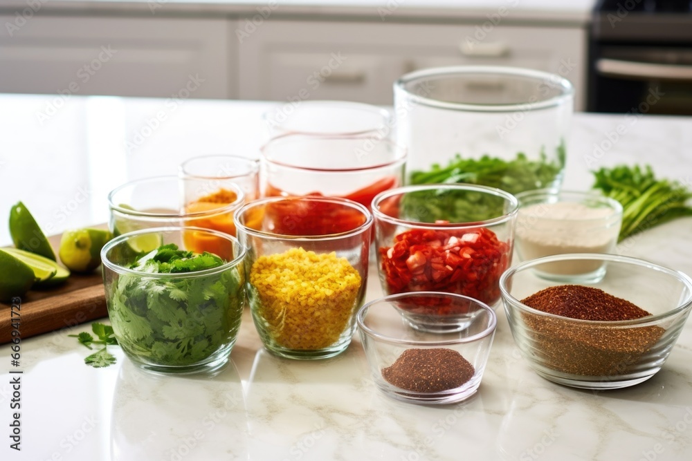 taco ingredients separated in glass bowls on a granite countertop taco ingredients separated in glass bowls on a granite countertop