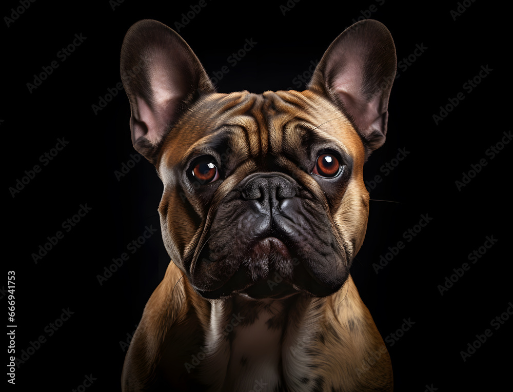 Portrait einer Französischen Bulldogge vor schwarzem Hintergrund, Hund, erstellt mit generativer KI
