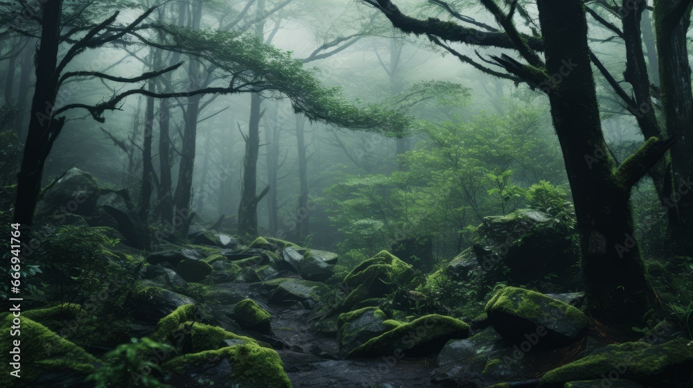 A dense, misty forest shrouded in mystery - obrazy, fototapety, plakaty 