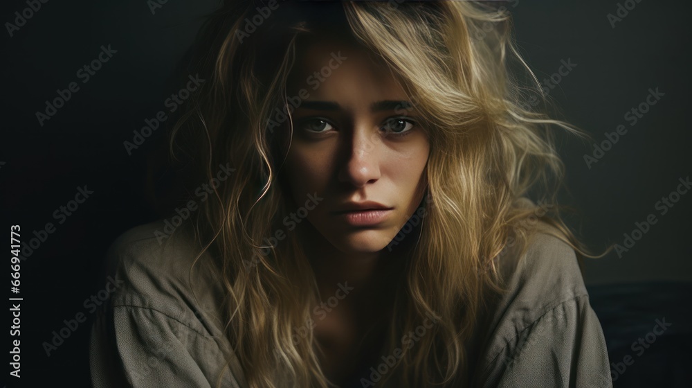 Portrait of a depressed woman with blond hair, tired and sad. Mental disorder. 