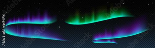 Northern aurora, polar borealis light sky vector isolated on transparent background. Green, blue and purple abstract gradient for astronomy night overlay texture. Nordic luminescence reflection