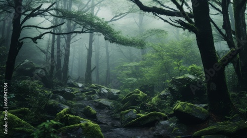 A dense, misty forest shrouded in mystery