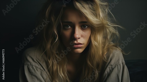Portrait of a depressed woman with blond hair  tired and sad. Mental disorder. 