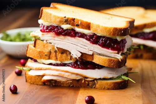 close-up of a cut turkey toast sandwich