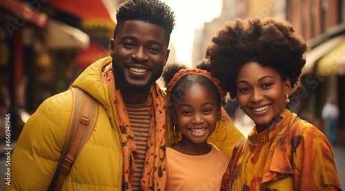 A happy vogue fashion African American family with bright solid light color clothes in the street