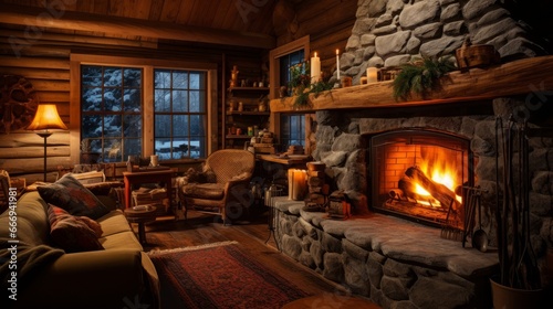 A cozy, rustic cabin with a crackling fireplace for warmth © Cloudyew