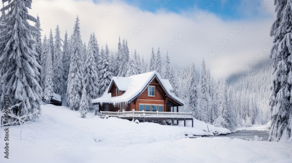 A cozy mountain cabin with snow-covered trees for a winter backdrop