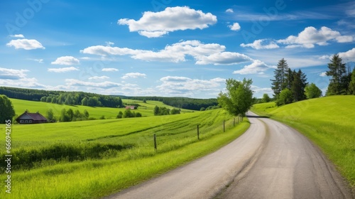 A country road leading through a tranquil countryside