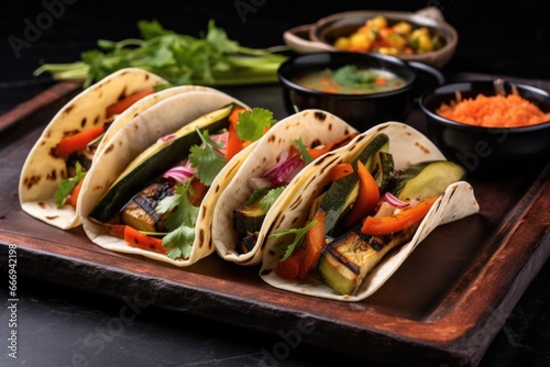 softshell tacos with grilled vegetables and hummus on a slate plate