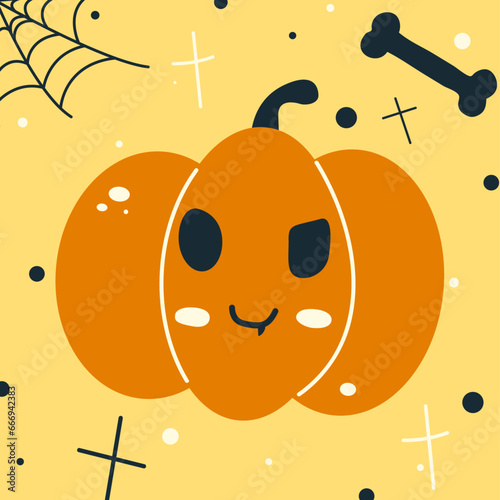 Halloween cunning pumpkin face - smile with one fang Jack o lantern, autumn holidays banner. Jack o lantern icon emotion. Vector illustration.
