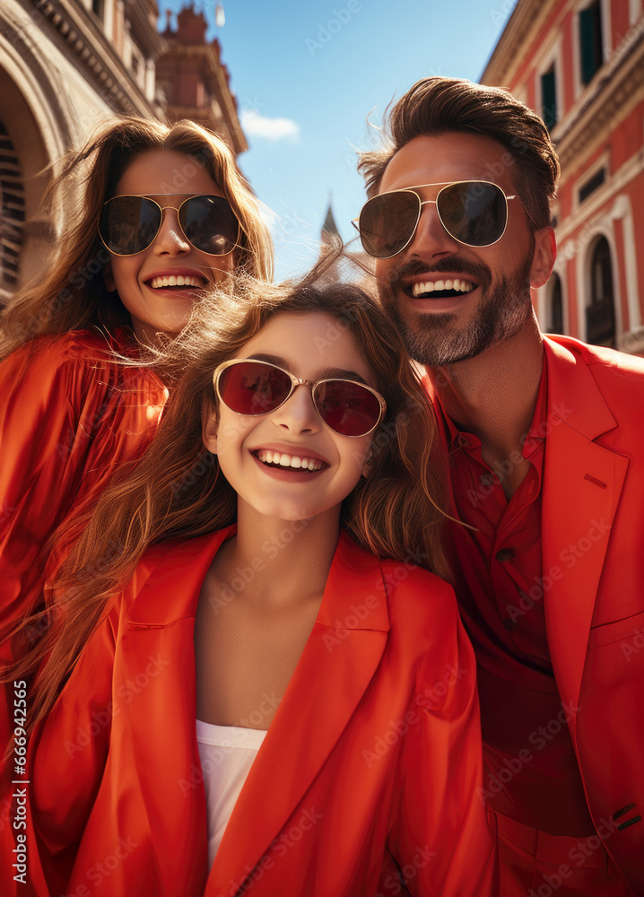 A happy vogue fashion family with bright solid light color clothes in the street A happy vogue fashion family with bright solid light color clothes in the street