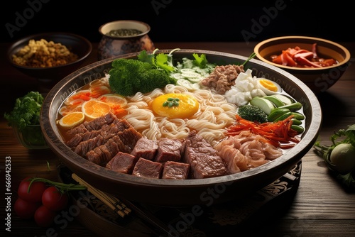 A bowl of Guay Tiew Moo, a rice noodle soup with beef broth and various toppings, such as beef slices, meatballs, and tendons