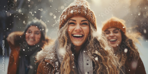 Happy friends smile and enjoy taking photo in winter snowy day ,Winter and Christmas time concept