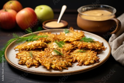 a plate of vegan latkes with a side of applesauce