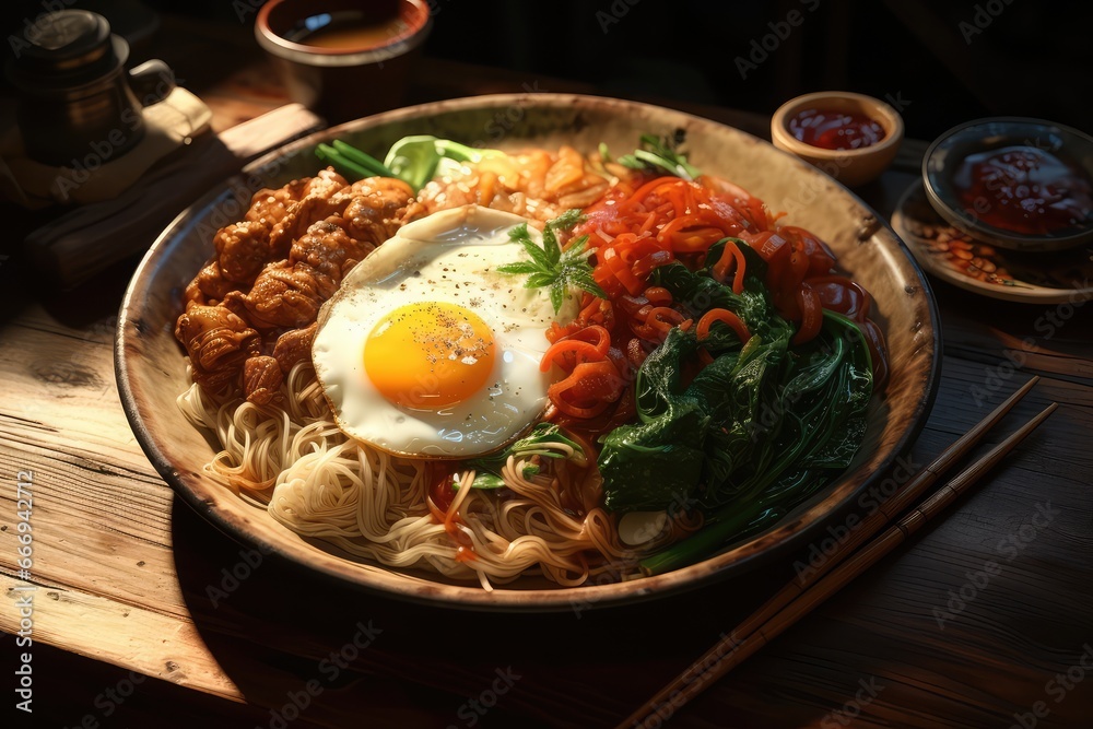 A plate of Pad Kee Mao with Kai Dao, stir-fried drunken noodles with chicken, shrimp, or vegetables, and a fried egg