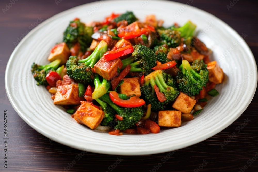 smoky tofu stir-fry with red chili flakes smoky tofu stir-fry with red chili flakes