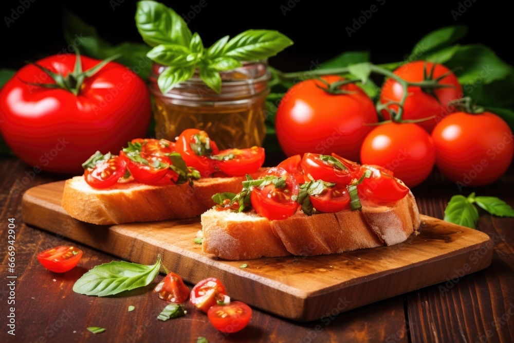 juicy, ripe tomatoes and young, fresh basil on bruschetta juicy, ripe tomatoes and young, fresh basil on bruschetta