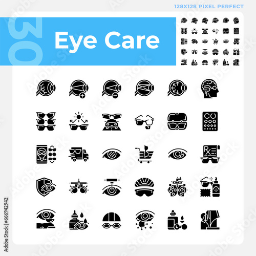 Pixel perfect glyph style icons set representing eye care, black illustration.